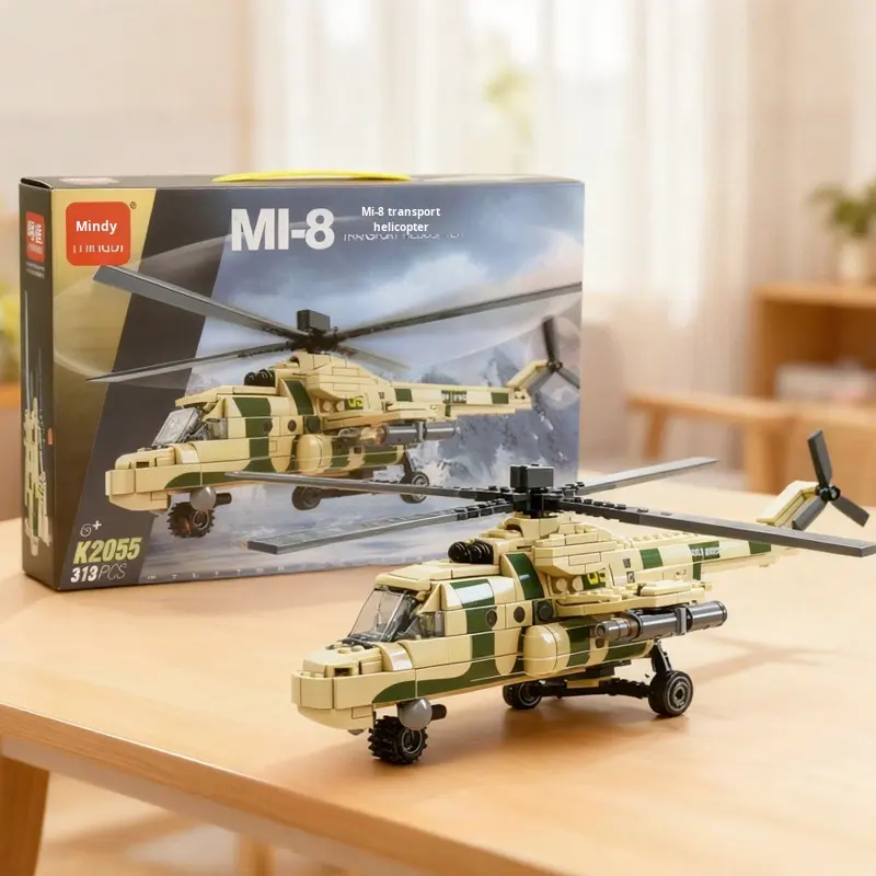 QBLO MI-8 Military Transport Helicopter Building Block Set, 313 Pieces, Tan and Green
