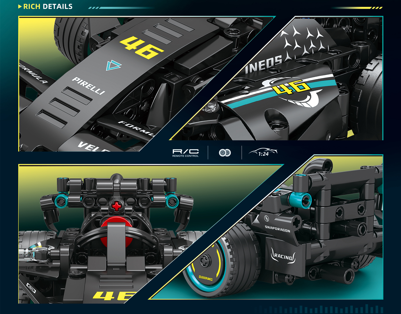 QBLO Remote Control F1 Racing Car Building Block Set, 315 Pieces, 2.4 GHz RC, 1:24 Scale, Black