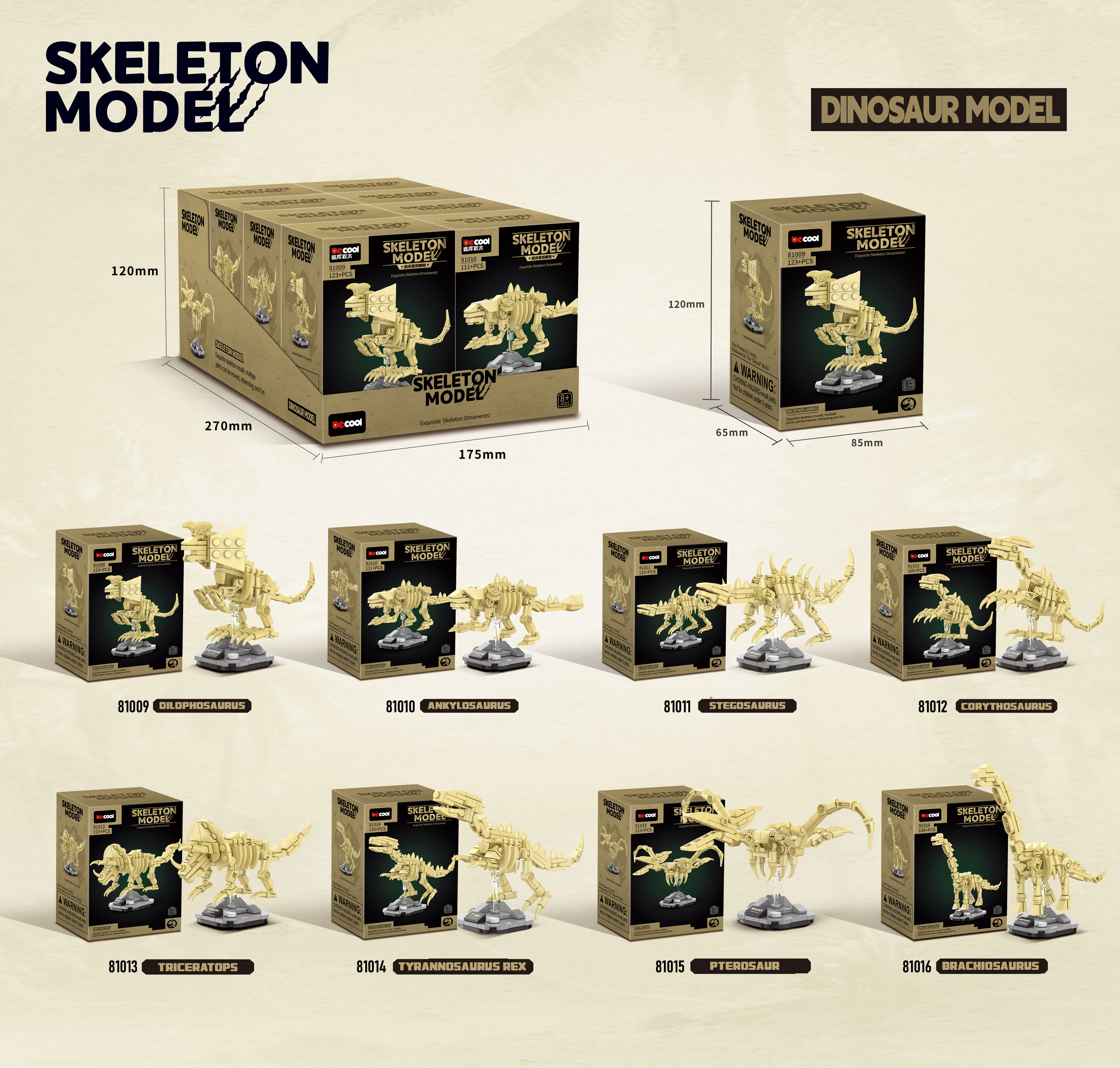 QBLO Skeleton Model Dinosaur Fossil Building Block Set with Display Stand, Stegosaurus and Corythosaurus, 109-122 Pieces