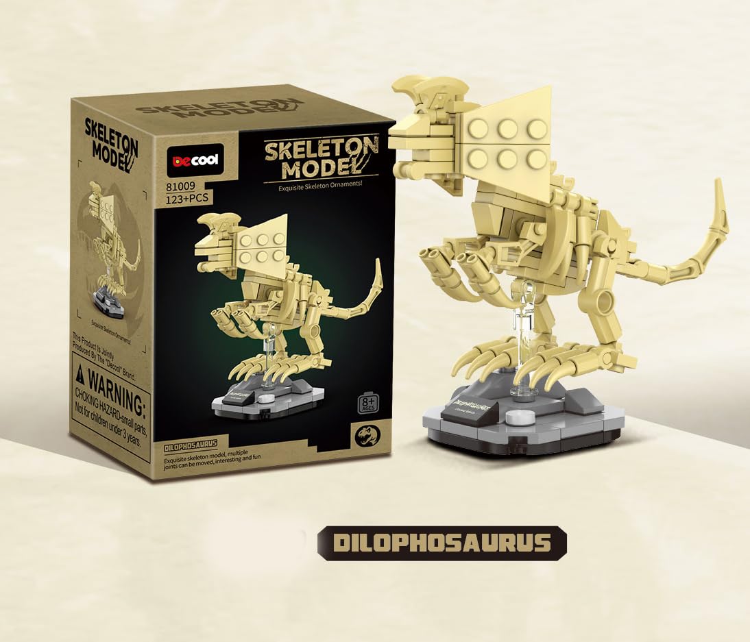 QBLO Skeleton Model Dinosaur Fossil Building Block Set with Display Stand, Brachiosaurus and Dilophosaurus, 2 Pack