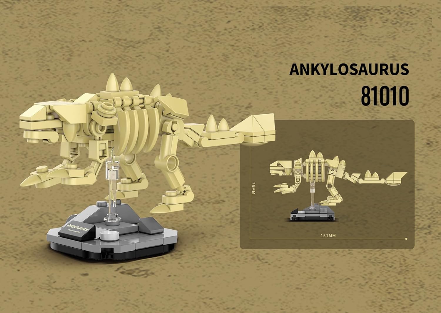 QBLO Skeleton Model Dinosaur Fossil Building Block Set, Ankylosaurus with Display Pedestal