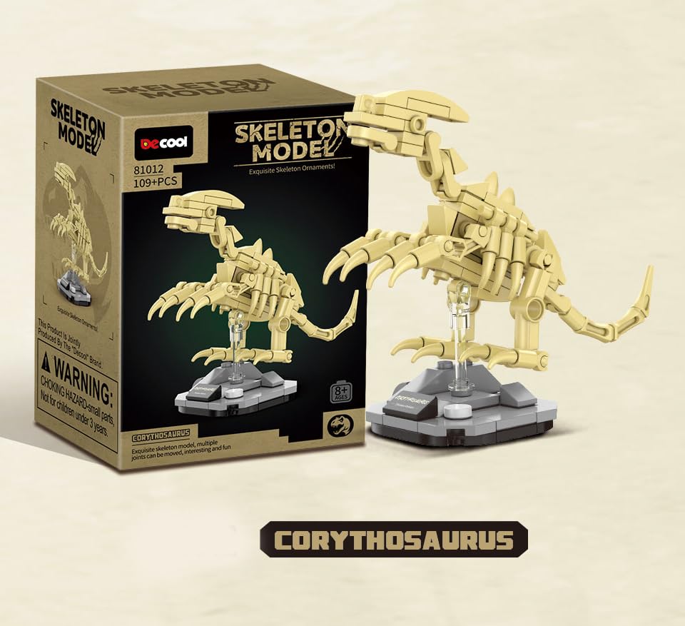 QBLO Skeleton Model Dinosaur Fossil Building Block Set with Display Stand, Corythosaurus